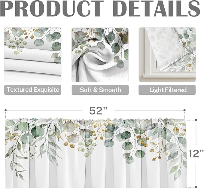 Emvency 4 Pack Valances Window Treatments, Green Eucalyptus Leaves Summer Blackout Adjustable Valances for Living Room Bathroom Bedroom Kitchen Over Sink, 52x12 Inch Rod Pocket