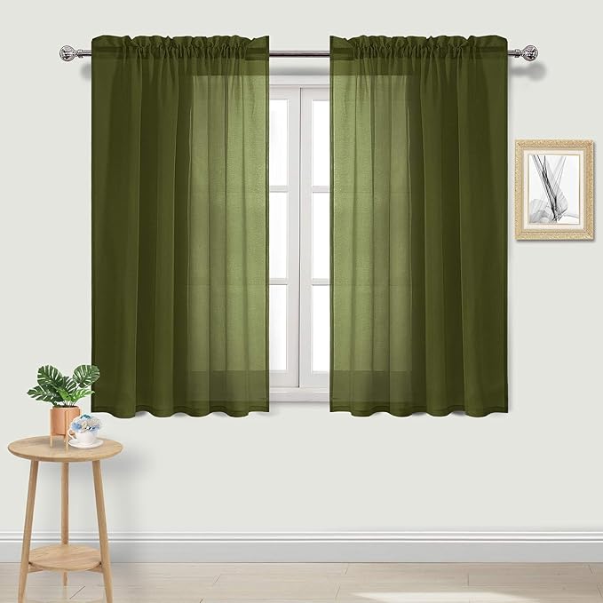 DWCN Olive Green Sheer Curtains Semi Transparent Voile Rod Pocket Curtains for Bedroom and Living Room, 52 x 54 inches Long, Set of 2 Panels