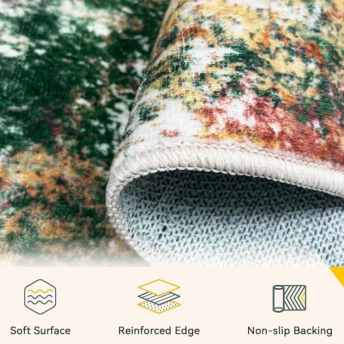 Washable Area Rugs 3'x5' Non-Slip Modern Abstract Soft for Living Room Entryway Bedroom Nursery, Print Pattern, Green Orange Rust Red Cream Colorful