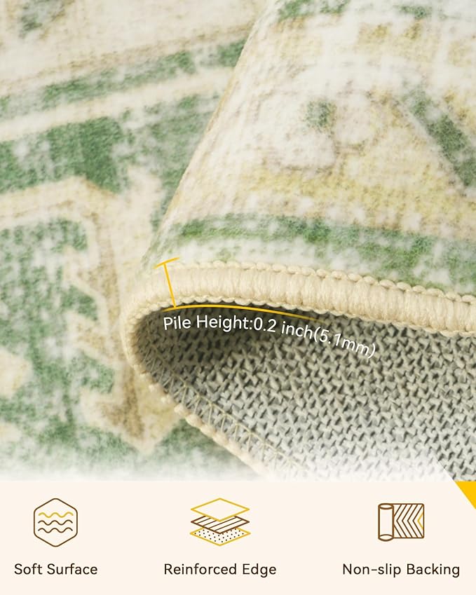RELEANY Area Rugs 9'x12' Washable Non-Slip, Floral Vintage Distress Print Pattern Medallion Carpet for Living Room Bedroom Dining Room, Sage Green Yellow