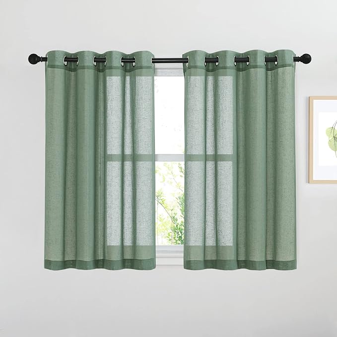 NICETOWN Semi Sheer Short Curtains for Small Window, Eyelet Top Bedroom Curtain Drapes Privacy with Light Filtering Linen Blend for Bedroom/Cafe/Kitchen, Olive Green, 2 Panels, W52 x L45