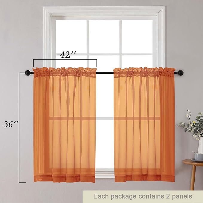 Cafe Curtains 36 Inch Length Tier 2 Pieces, Modern Soft Airy Sheer Kitchen Short Curtains for Small Window, Rod Pocket Small Curtain for Bathroom Basement, Orange, Each, 42" Wx36 L Inches