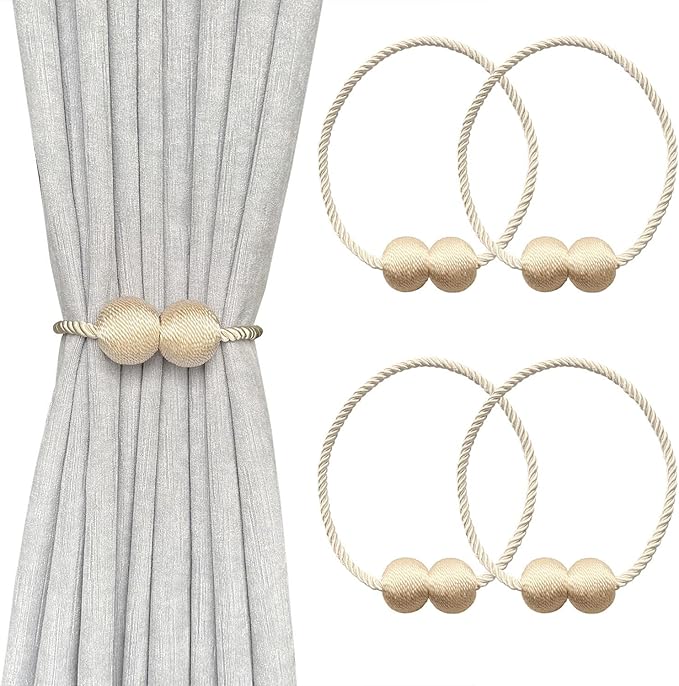 Melaluxe 4 Pack Magnetic Curtain Tiebacks, Decorative Curtain Holdbacks for Window Décor (Beige)