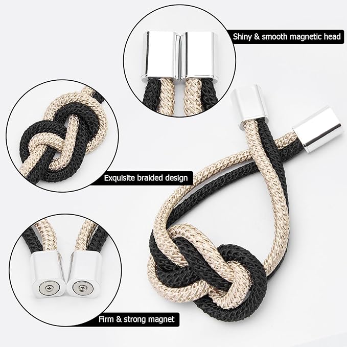 NICEEC 4 Pack Mini Magnetic Curtain Tiebacks Nordic Simple Style Drape Tie Backs Elegant Hand Weave Rope Knot Decorative Curtain Holdbacks for Home & Office Thin Window Drapery (Black & Beige)