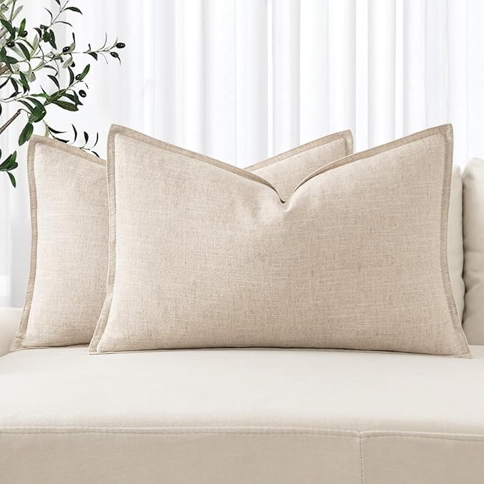 MIULEE Decorative Linen Lumbar Pillow Covers 12x24 Inch Natural Beige Boho FarmhouseNeutral Couch Throw Pillows for Bed Pack of 2 Accent Modern Pillowcase Sofa Livingroom Home Decor