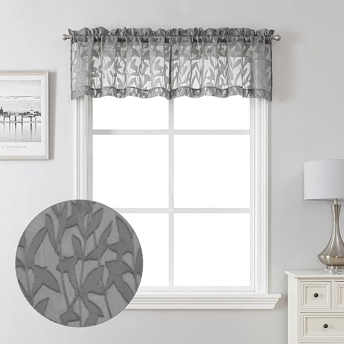 Lecloud Leia Charcoal Grey Curtains Sheer Valances for Windows 14 Inch Length 2 Pieces, Airy Jacquard Leaf Voile Curtain for Living Room Bedroom, Dual Rod Pockets Window Kitchen Valance, 38W x 14L