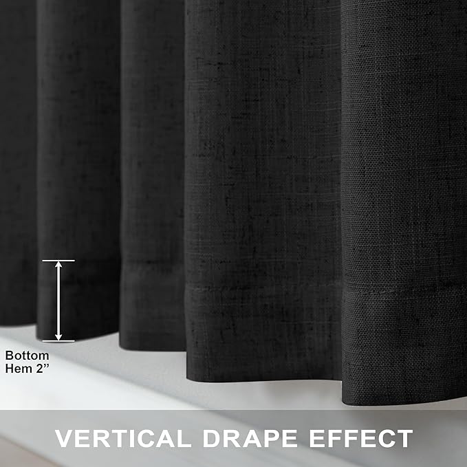 Black Linen Curtains 84 Inch Length for Living Room 2 Panel Back Tab Pocket Muslin Light Filtering Semi Privacy Thick Sheer Floor Length Curtain for Mens Bedroom Man Cave Modern Farmhouse Gothic Decor