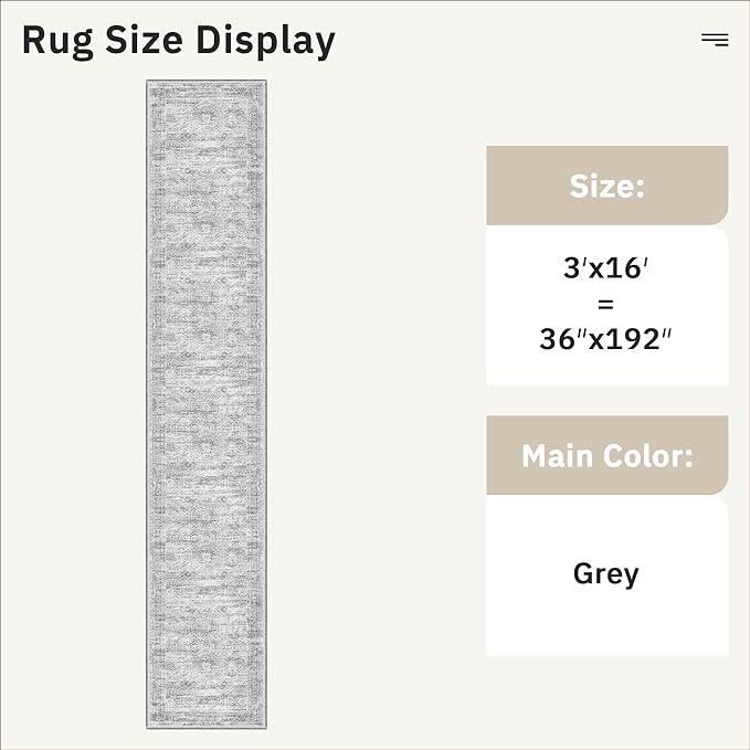 Hallway Runner Rug 3x16 - Vintage Non Slip Washable 16ft Kitchen Runner for Entrance Soft Long Carpet Runners for Living Room Bedroom Dining Room, Grey