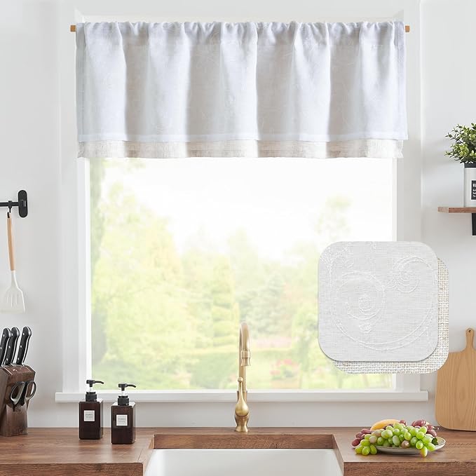 jinchan Linen Valance for Window Embroidered Farmhouse Light Filtering Voile Valance for Living Room Kitchen Beige Cottage Rustic Double Layer Curtain 16 Inch 1 Panel White