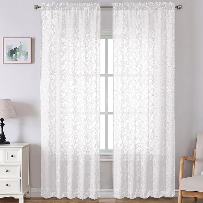 Lecloud Leia White Sheer Curtains 120 Inches Long 2 Panels, Jacquard Textured Voile Curtains, Modern Gauzy Windows Decor Drapes with Dual Rod Pockets for Living Room Bedroom, Each 52" W x 120" L