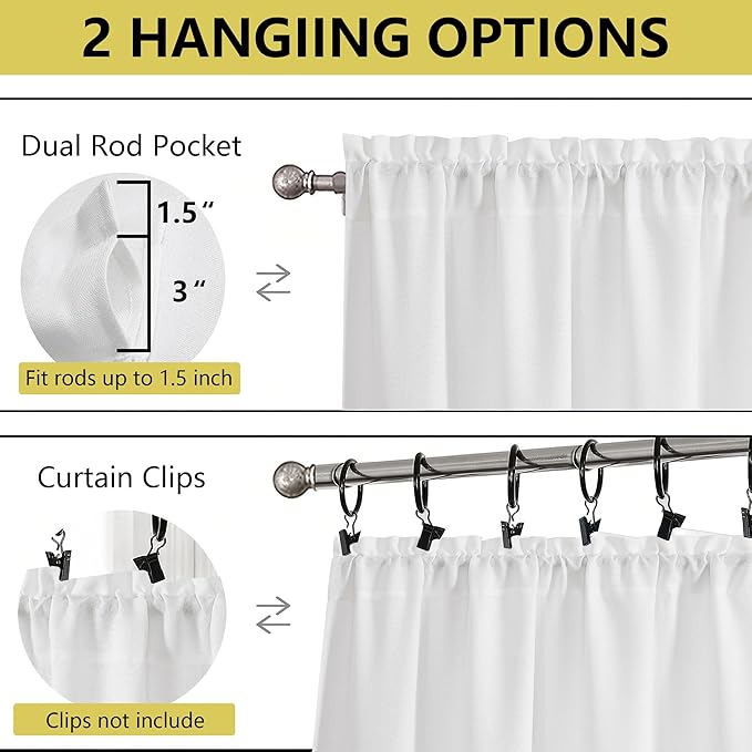 White Valances for Windows, Light Filtering Faux Linen Textured Small Short Window Curtain for Bathroom Basement Farmhouse, Rod Pocket Top Half Curtains for Windows, 60Wx14L Inch