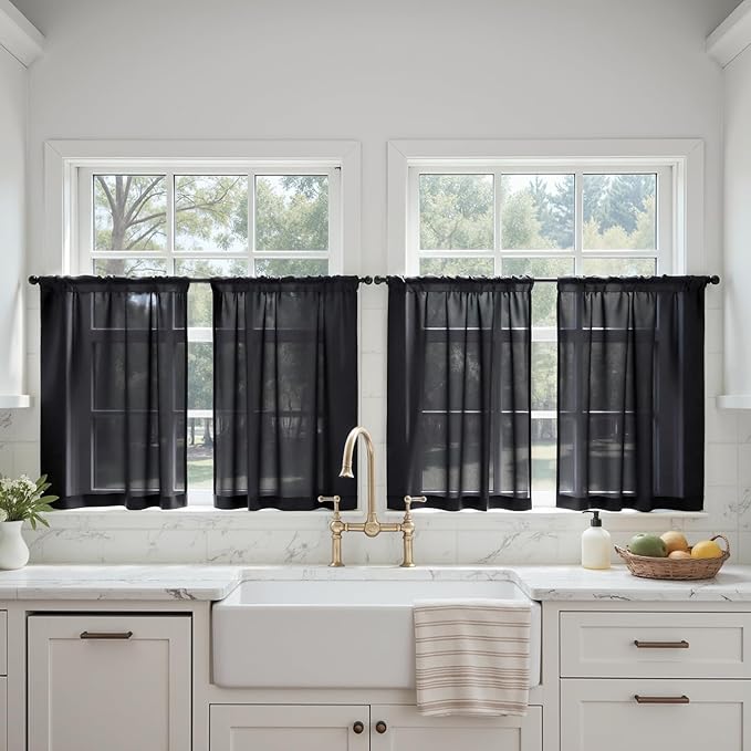 MIULEE Black Curtains 24 Inch Length for Small Window,4 Panels Set, Short Sheer Curtains Rod Pocket Light Filtering Tier for Kitchen/Bathroom/Basement, 42W x 24 Inches
