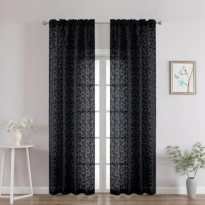Chyhomenyc Black Sheer Curtains 90 Inch Length 2 Panels Set, Light Filtering Tufted Textured Soft Airy Rod Pocket Gentle Leaf Window Treatment Drapes for Bedroom Living Room, 42" Wx90 L, 2PCS