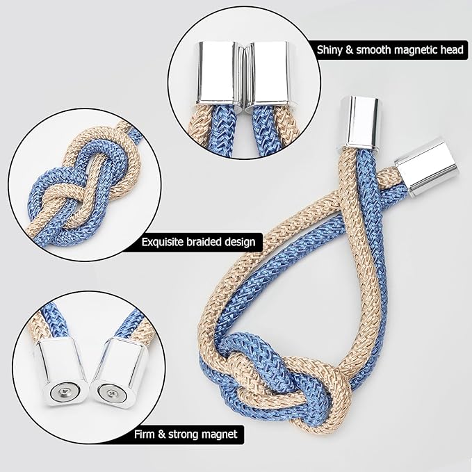 NICEEC 2 Pack Mini Magnetic Curtain Tiebacks Nordic Simple Style Drape Tie Backs Elegant Hand Weave Rope Knot Decorative Curtain Holdbacks for Home & Office Thin Window Drapery (Blue & Beige)