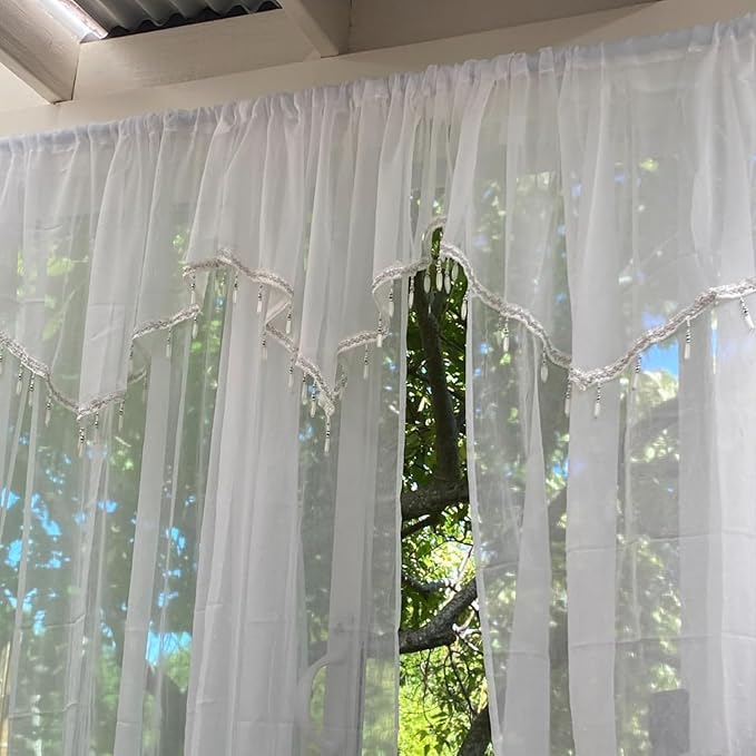 Molaxhome Swag Curtain 51 inch Length Rod Pocket Scalloped Curtain Valance Sheer Lace Panels with Hanging Crystal Beads for Kitchen Bedroom Window Treatments Drape Decor 1pc (White, 51Wx23L)