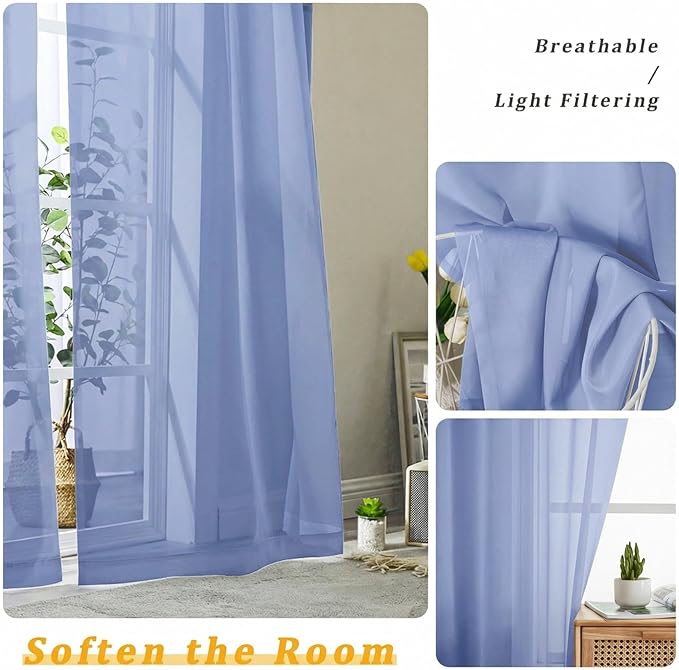 Gwine Denim Blue Sheer Curtains 72 Inches Long 2 Panels Set, Light Filtering Sheer Curtains for Living Room, Rod Pocket Window Treatments Drapes, Each 42Wx72L