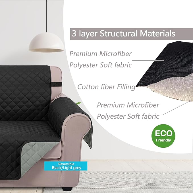 U-NICE HOME Large Sofa Cover Reversible Couch Cover for Dogs with Elastic Straps Water Resistant Furniture Protector for Pets Couch Cover for 4 Cushion Couch (Oversized Sofa, Black/Grey)