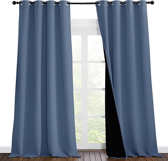 NICETOWN Insulated 100% Blackout Curtains, Noise Reducing Performance Drapes with Black Lining, Full Light Blocking Draperies for Overnight Shift Worker (Stone Blue, 1 Pair, 55 inches x 96 inches)