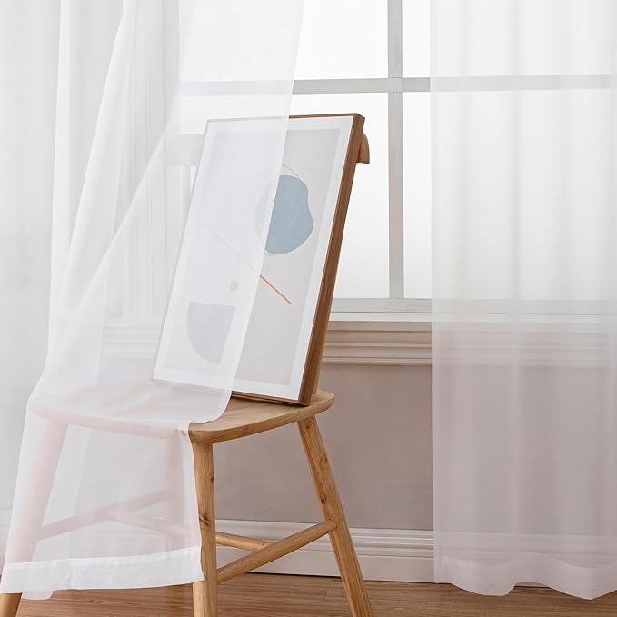 Simplebrand White Sheer Curtains, 72" Length, 2 Panels Set - Light Filtering, Rod Pocket Window Curtains for Bedroom (White, 59" W x 72" L)
