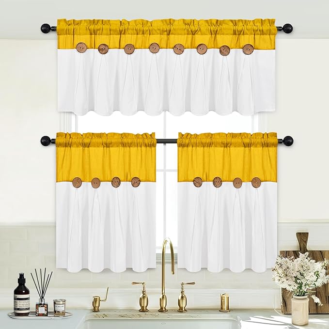 FRAMICS Farmhouse Kitchen Curtains 24 Inch Length, Rustic Cotton Linen Tier Curtain, Boho Button Short Curtains for Windows, Yellow Country Cafe Drapes, Rod Pocket, Yellow and White, 26x24