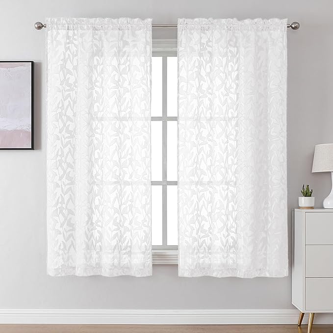 Lecloud Leia White Sheer Curtains 63 Inch Length 2 Panels, Rustic Light Filtering Privacy Voile Leaf Aesthetic Curtain, Dual Rod Pockets Drapes for Living Room Dining Room, Each 42" W x 63" L