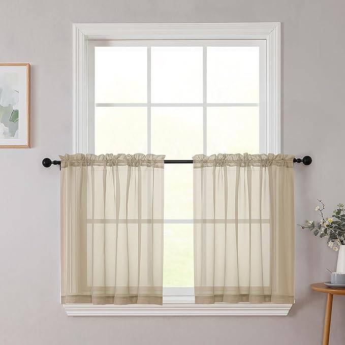 Kitchen Curtains 24 Inch Length Tier 2 Pieces, Taupe Sheer Curtain Solid Soft Sheer Short Curtains for Windows, Cafe Bathroom Basement Rod Pocket Drapes, Taupe, Each 42" Wx24 L Inches