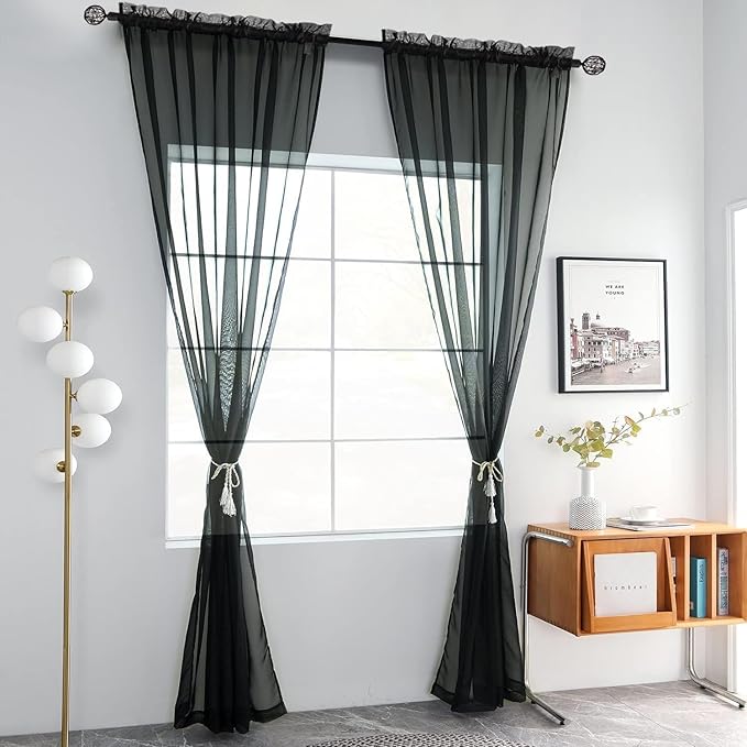 youleyar Solid Sheer Rod Pocket Curtain Voile Draperies 2 Panels White Beige Black Grey Coffee 60 Inch Width 84 Inch Long 1 Pair for Kitchen Bedroom Children Living Room Yard(Black,60Wｘ84L)