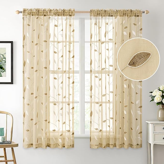 MIULEE Beige Sheer Curtains 2 Panels Embroidered Leaf Patterned Rod Pocket Floral Semi Sheer Faux Linen Window Curtains Drapes Set for Living Room Bedroom Dining Room, 52x63 Inches Length