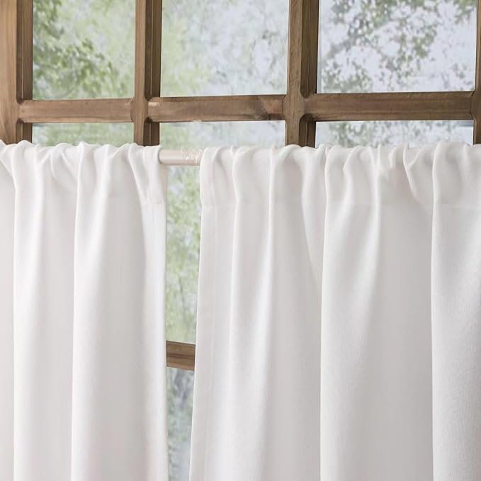Faux Linen Kitchen Curtains 36 Inch Length Cafe Curtain Tiers for Living Room Bathroom Basement Windows Country Rustic Small Short Curtains, Set of 2, White