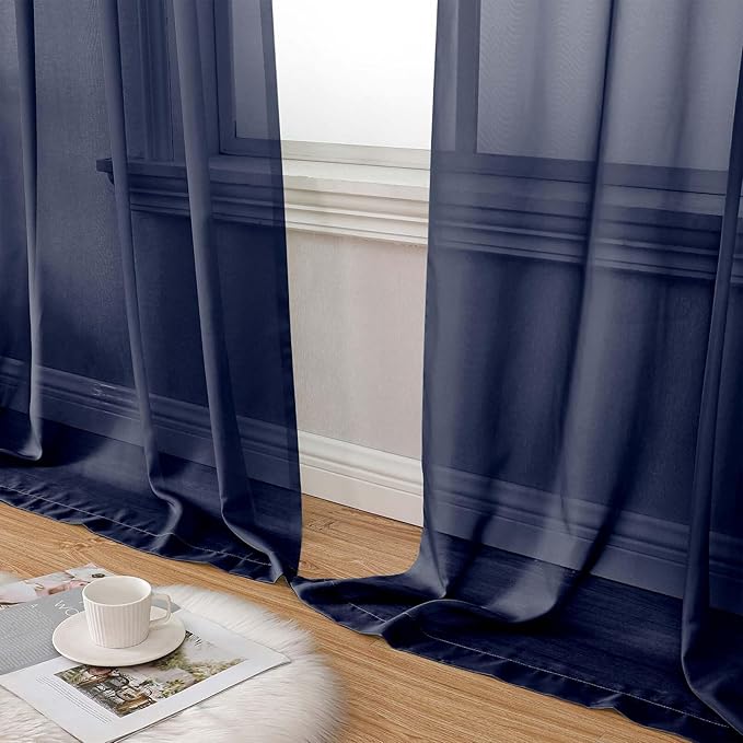 Sheer Navy Blue Curtains for Bedroom Living Room 90 Inches Long 2 Panels Set, Soft Airy Light Filtering Sheer Window Treatments, Modern Rod Pocket Curtains Drapes, Each 42" Wx90 L Inch