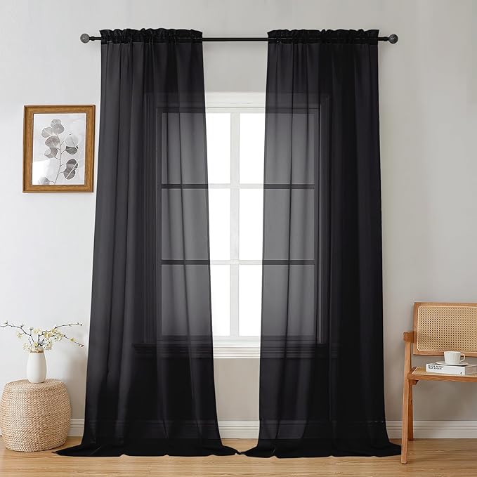 Gwine Black Sheer Curtains 108 Inches Long 2 Panels Set, Voile Light Filtering Window Treatment Drapes for Living Room Bedroom Canopy, Each 42Wx108L inches, 9 Ft, Black