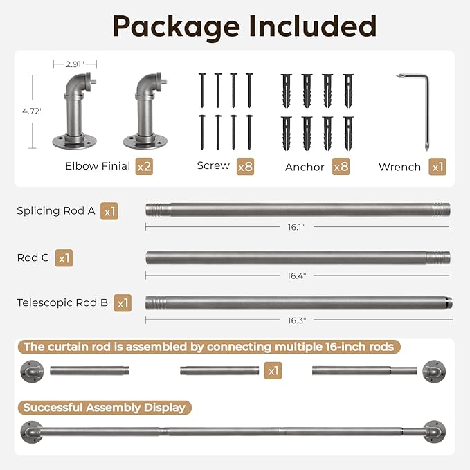 Zeerobee Curtain Rods for Windows 32 to 48, 1 Inch Industrial Wrap Around Grey Curtain Rod, Indoor/Outdoor Room Divider Adjustable Drapery Pole, 32"-48"