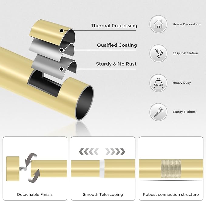 VOIIY Gold Curtain Rods for Windows, 1" Diameter Drapery Rods with Modern Style End Cap Finials, Size:36-88 Inch
