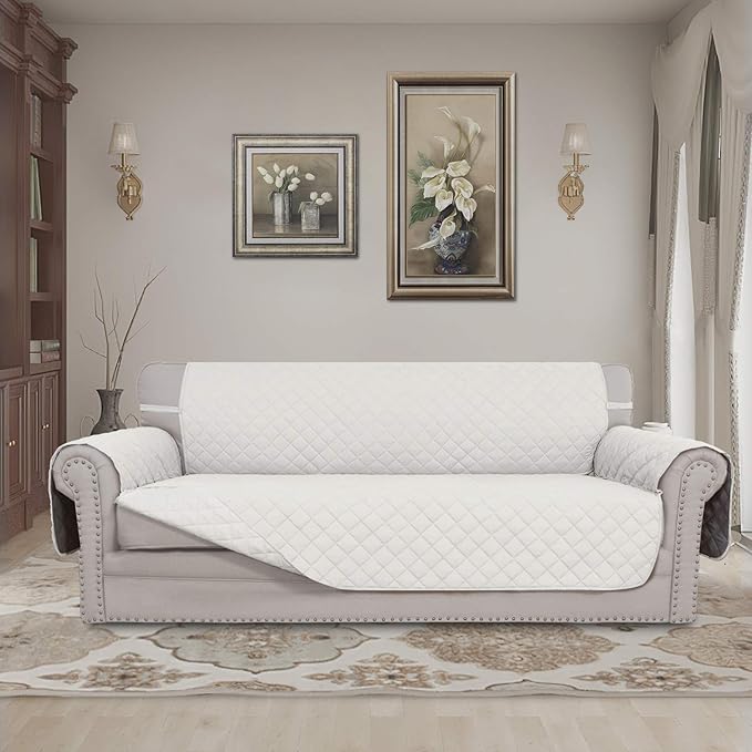 Easy-Going Reversible Couch Cover for 3 Cushion Couch Sofa Cover for Dogs Water Resistant Furniture Protector Cover with Foam Sticks Elastic Straps for Pet Cat (Sofa, Ivory/Ivory)