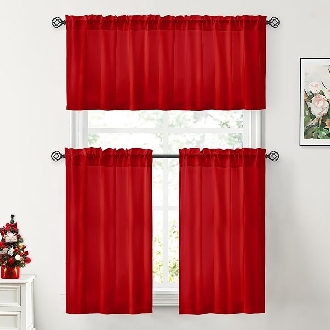 HOMEIDEAS Christmas Non-See-Through Red Privacy Sheer Kitchen Curtains, 30 X 24 Inches Long 2 Panels Short Sheer Curtains Light Filtering Bathroom Window Drapes for Bedroom Living Room