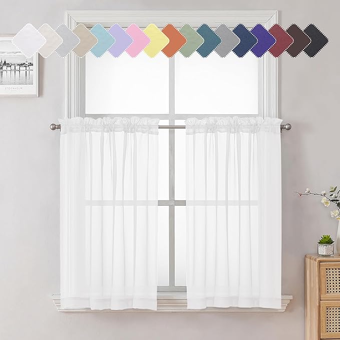 Lecloud 36 Inch White Sheer Curtains Tiers 2 PCS with Dual Rod Pockets, Airy & Breathable Half Small Curtain for Bedroom Living Room Kitchen, Voile Sheer Tiers Cafe Cupboard Decor, 40X36 Inches