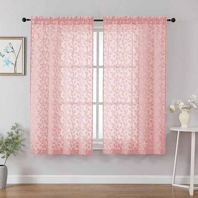 Chyhomenyc Blush Pink Sheer Curtains 54 Inch Length for Living Room 2 Panels Set, Light Filtering Tufted Textured Soft Airy Rod Pocket Leaf Window Treatment Drapes for Bedroom, 42" Wx54 L, 2PCS