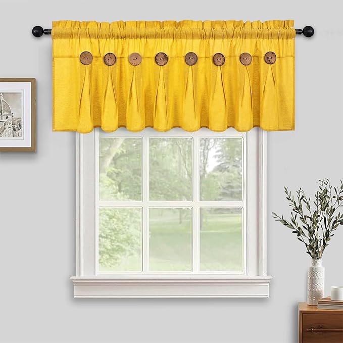 FRAMICS Farmhouse Valance Curtains, Boho Cotton Linen Kitchen Valance, Yellow Rustic Button Window Valances for Kitchen Bathroom, Country Rod Pocket Valances for Windows, Yellow, 52 x 18 Inch