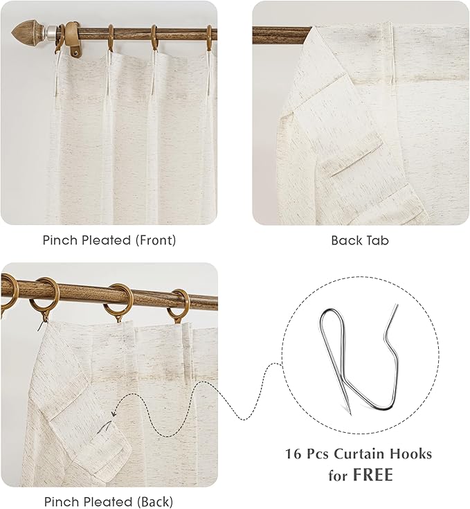 FMFUNCTEX Linen Sheer Pinch Pleated Curtains for Living Room, Linen Flax Beige 96 Inches Long Sheer Curtain Panels for Bedroom, Natural Back Tab Window Drapes for Farmhouse, Rod Pocket 2 Panels