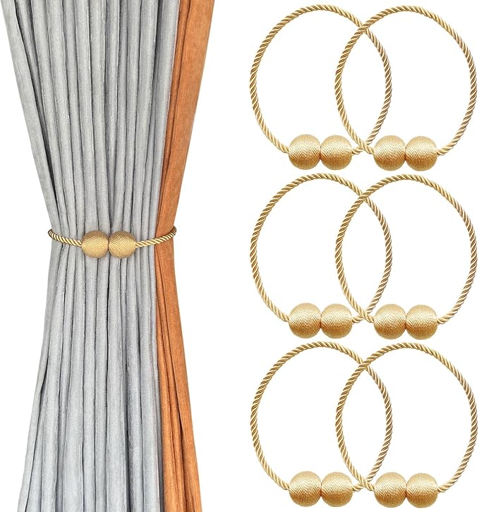 Melaluxe 6 Pack Magnetic Curtain Tiebacks, Decorative Curtain Holdbacks for Window Décor (Gold)