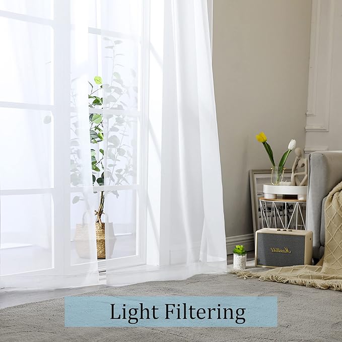 OWENIE Sheer White Curtains Living Room 54 inches Long, Rod Pocket Curtain Sheers Bedroom, Light Filtering Voile Panels Drapes Small Window Treatments 2 Panels, 42" W x 54" L, White