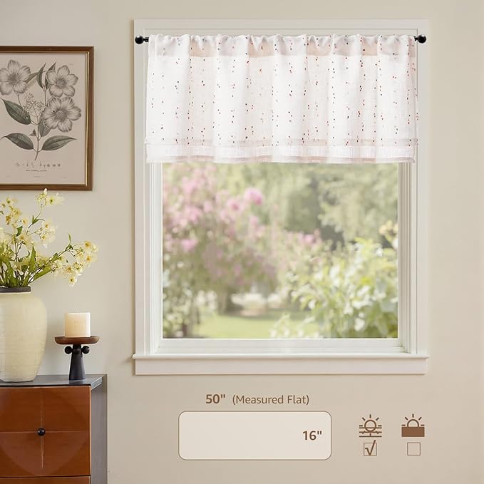 jinchan Kitchen Valance Curtain for Windows 16 Inch Mini Pom-Pom Double Layer Valance Linen Blend Country Window Treatment for Bedroom Living Room Light Filtering Rod Pocket 1 Panel Blush Meadow