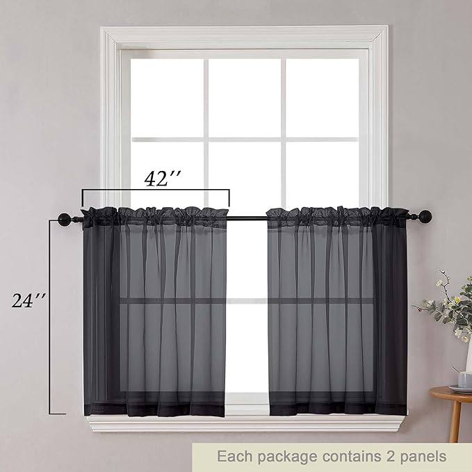 Kitchen Curtains 24 Inch Length Tier 2 Pieces, Black Sheer Curtain Solid Soft Sheer Short Curtains for Windows, Cafe Bathroom Basement Rod Pocket Drapes, Black, Each 42" Wx24 L Inches