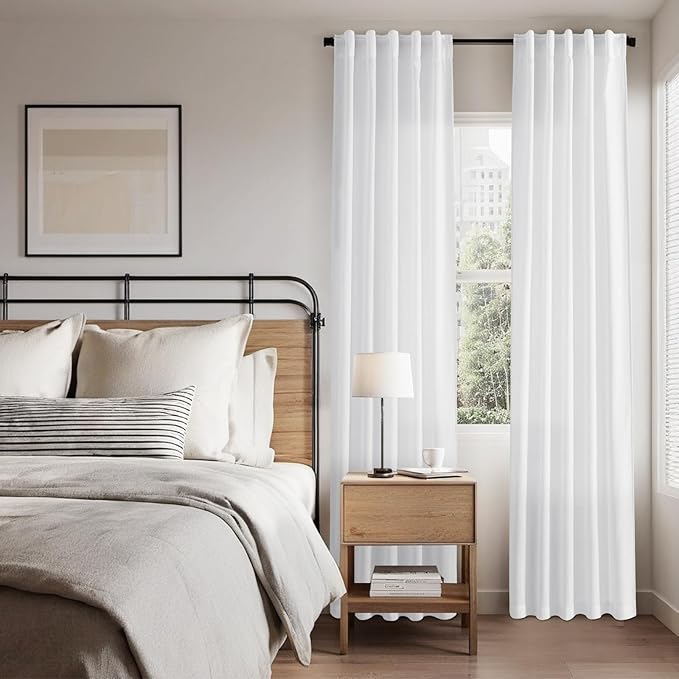 Nanspring White Linen Curtains 84 Inch Length 2 Panels Set for Living Room Back Tab Light Filtering Semi Sheer Curtain for Bedroom Farmhouse Drapes, 40x84 Inch, 2 Panels
