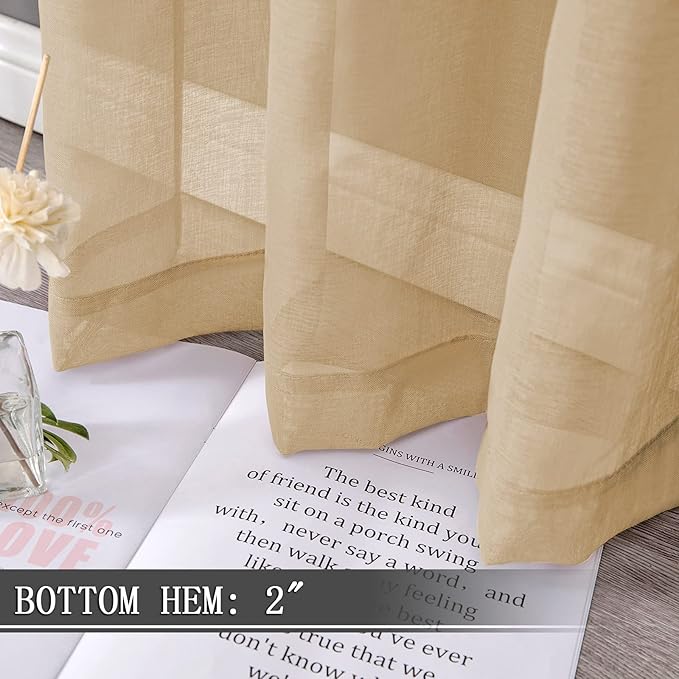 Tollpiz Sheer Tier Curtains Kitchen Linen Textured Half Curtain Sheers Light Filtering Rod Pocket Voile Bathroom Short Curtains for Farmhouse, 25 x 30 inches Long, Beige, Set of 2 Panels