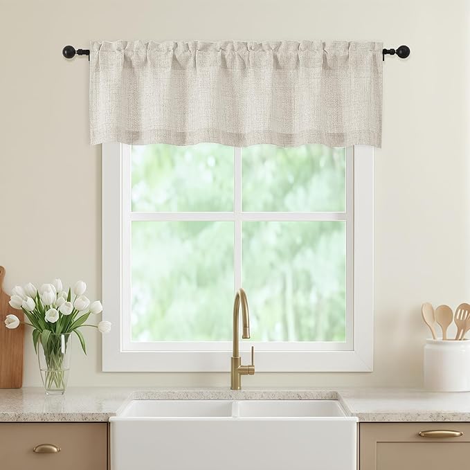 Natural Valances for Windows, Light Filtering Faux Linen Textured Small Short Window Curtain for Bathroom Basement Farmhouse, Rod Pocket Top Half Curtains for Windows, 60Wx14L Inch