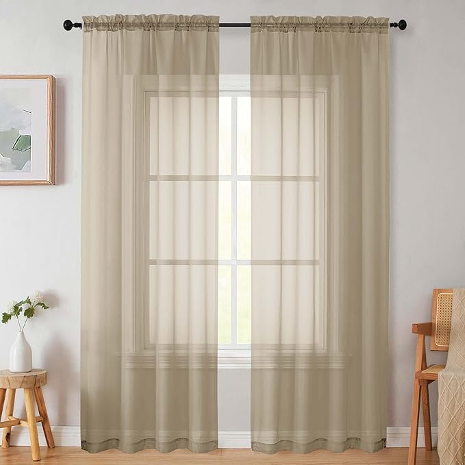 Sheer Taupe Curtains for Bedroom Living Room 90 Inches Long 2 Panels Set, Soft Airy Light Filtering Sheer Window Treatments, Modern Rod Pocket Curtains Drapes, Each 42" Wx90 L Inch