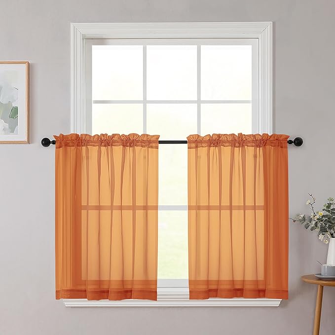 Orange Kitchen Curtains 30 Inch Length Tier 2 PCS, Solid Soft Airy Half Curtains for Windows, Orange Sheer Rod Pocket Drapes for Bathroom Basement Small Window Curtain, 42" Wx30 L Inches