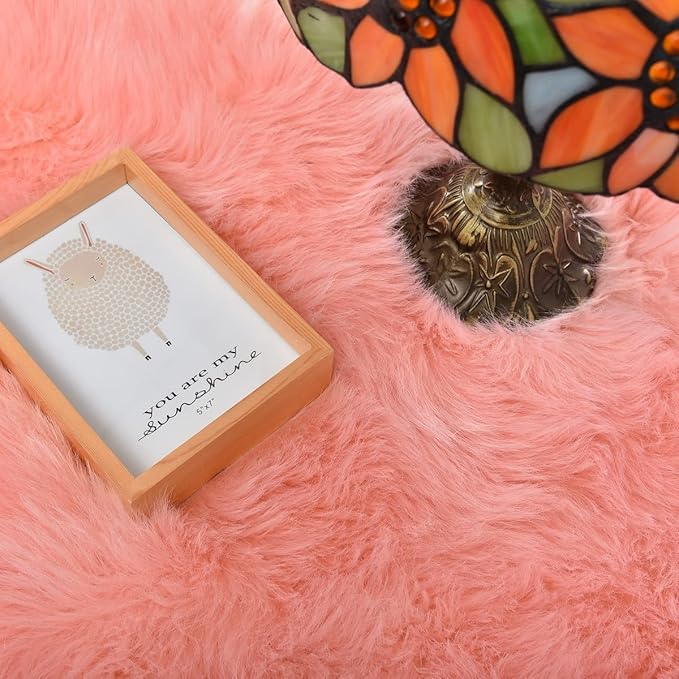 ORINOVA Pink Fluffy Sheepskin Fur Area Rugs for Bedroom Washable Furry Carpet Rug for Living Room Faux Fur Rug 2x3 Nursery