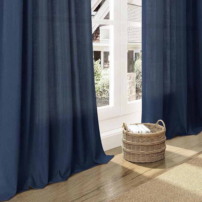 Denim Blue Linen Curtains 102 Inches Long Rod Pocket Back Tab Drapes 2 Panels Set for Living Room Sheer Light Filtering Semi Sheer Denim Blue Curtain 102 Length for Patio Sliding Glass Door 52x102